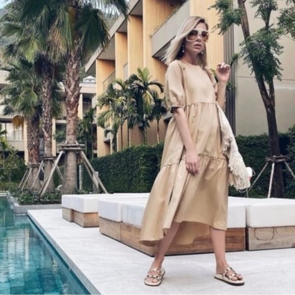 BLOGGERS FAVE Zara Asymmetric Puff Sleeves Tiered Poplin Midi Dress SZ Small - Picture 10 of 16